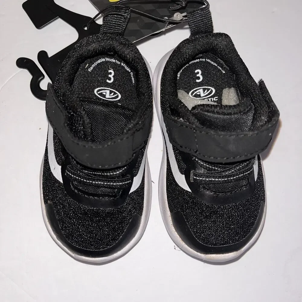 NWT Athletic Works Baby Sneakers Size 3 Black White Hook & Loop 6M